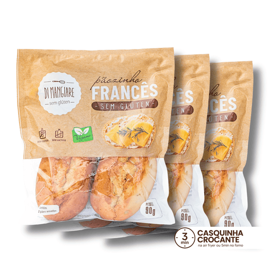 Kit com 3 pacotes de Pãozinho Francês vegano sem glúten, sem leite e sem lactose Di Mangiare