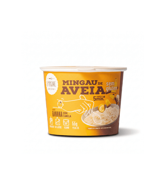 Pote amarelo de mingau de aveia sabor banana com canela Di Mangiare sobre fundo branco.