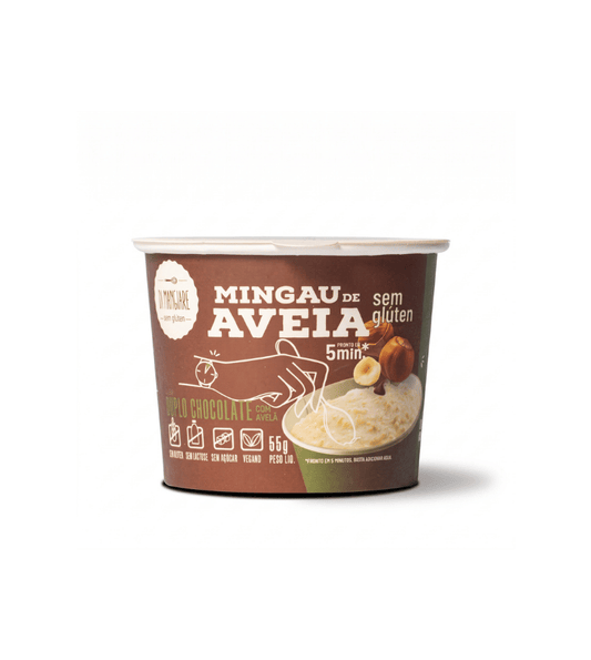 Pote de mingau de aveia duplo chocolate Di Mangiare com rótulo marrom e tampa branca.
