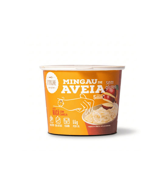 Pote amarelo de mingau de aveia sabor maçã com canela Di Mangiare sobre fundo branco.