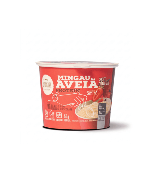 Pote de mingau de aveia proteico morango e chocolate Di Mangiare com rótulo rosa e tampa branca.
