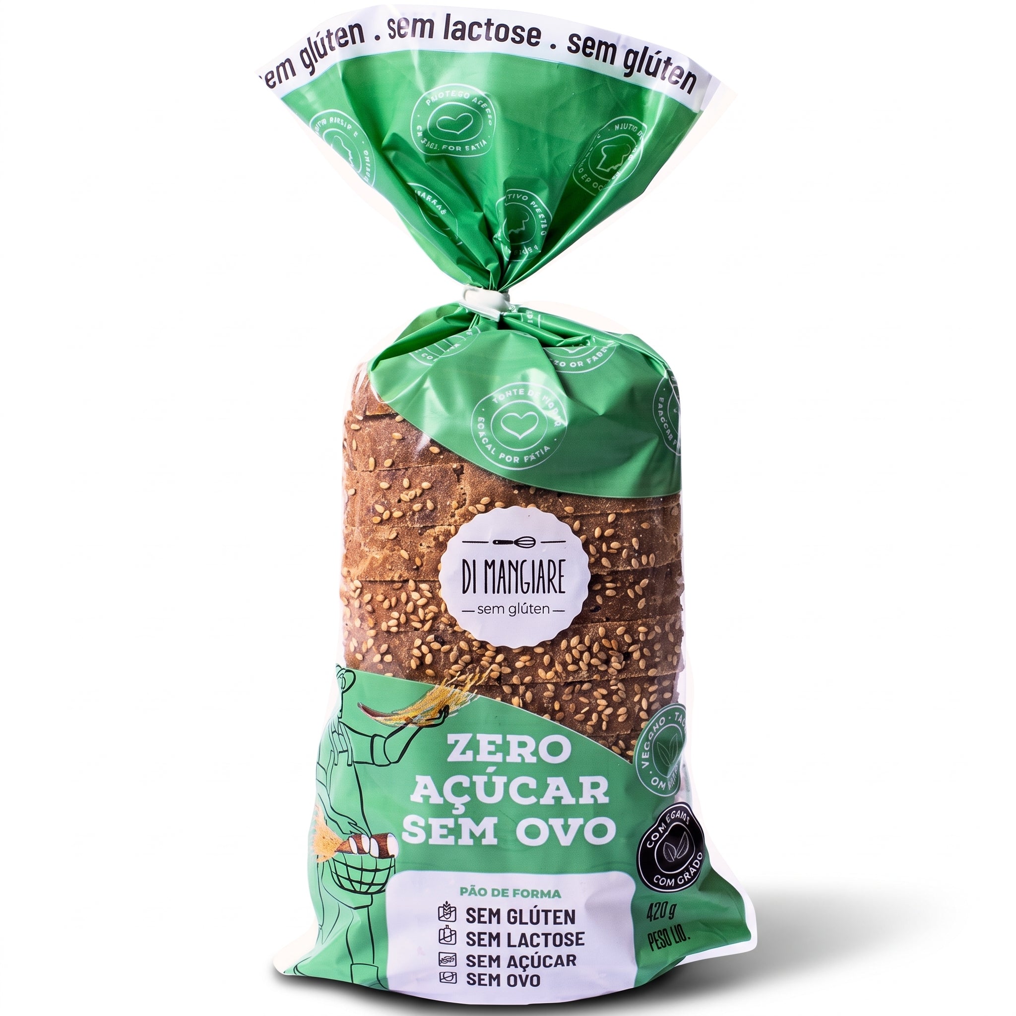 Pão Zero Açúcar com Grãos vegano, sem glúten, sem leite e sem lactose Di Mangiare, 420 g