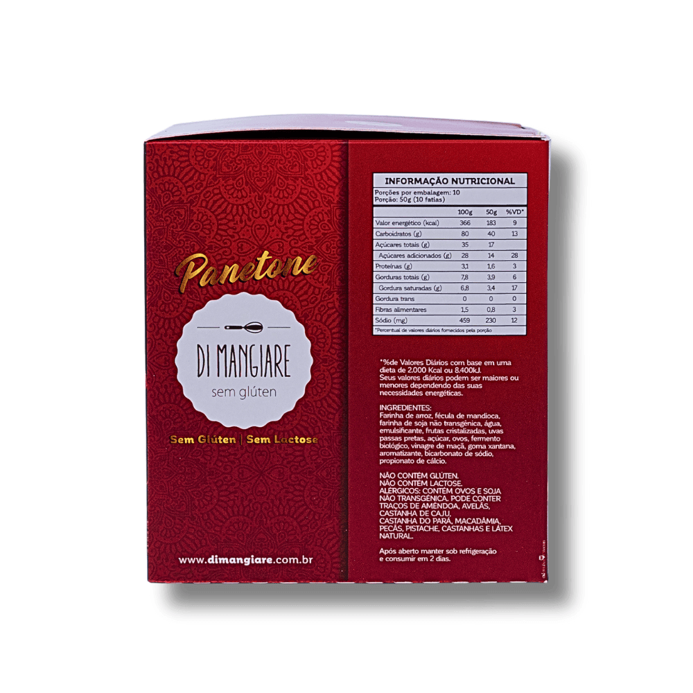 Panetone sem glúten Di Mangiare – lateral da caixa com tabela nutricional